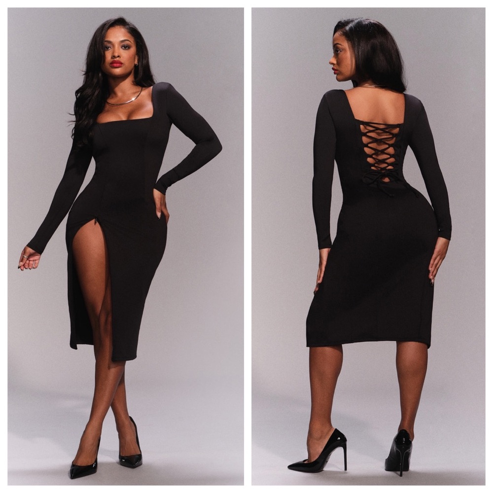 NEW TA3 Squarey Long Sleeve Lace-Back Midi Dress *Black* Sz L